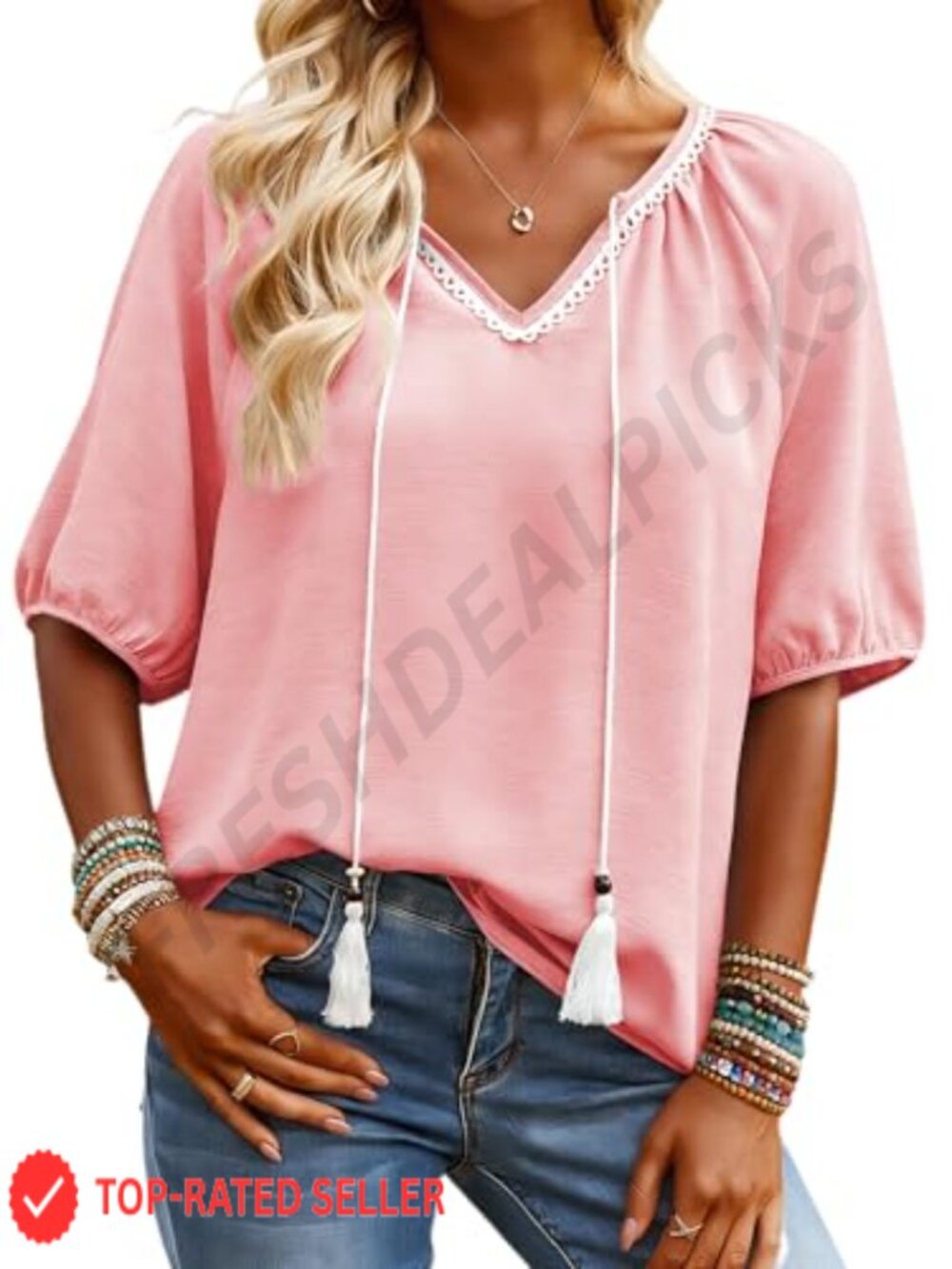 Womens Flowy Boho Summer Top Tassel Tie V Neck Short Sleeve Blouse